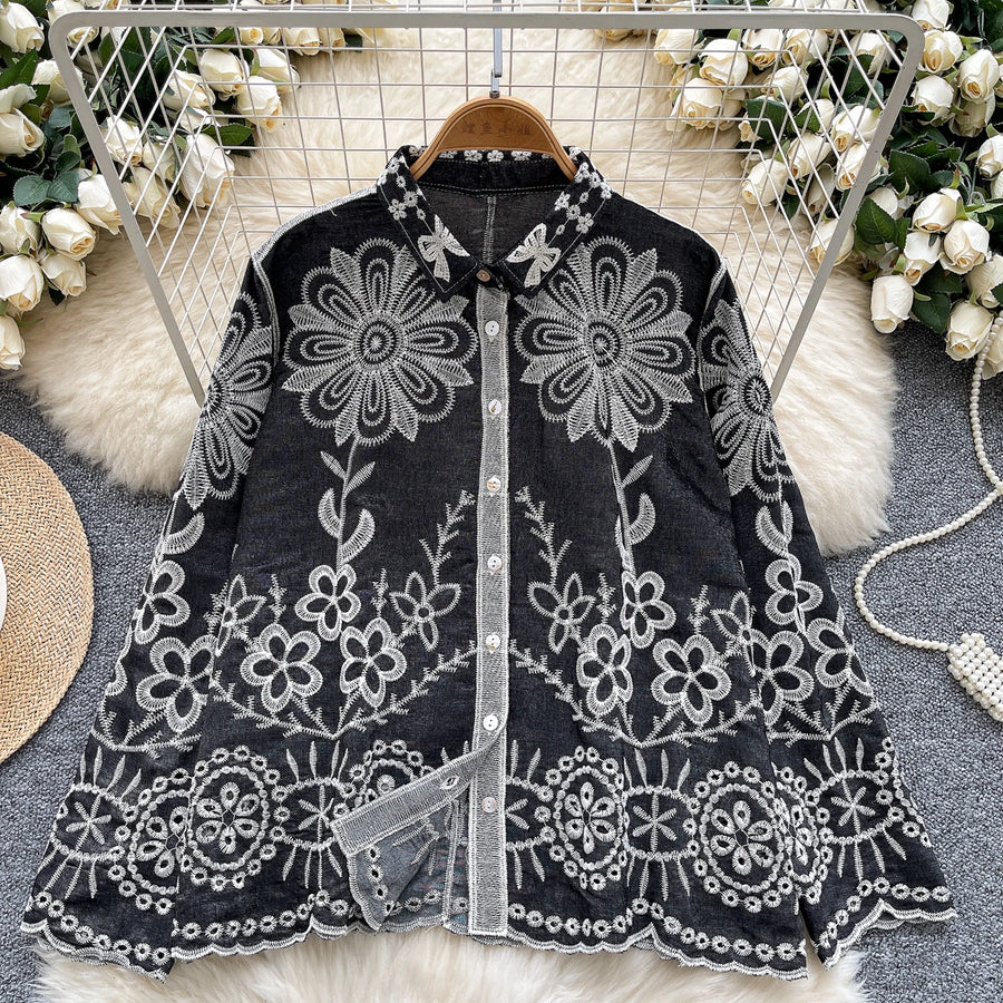 Basic loose long-sleeved polo-neck blouse embroidered with flowers and French-style hook
