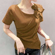 High Quality Pleated Cross Slash Neck Short Sleeve T-shirts