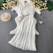 Skirt Sets Women Clothing Temperament Two Piece Set Patchwork Lace Blouses High Waist Hollow Out Long Skirts Suit Summer Outfits