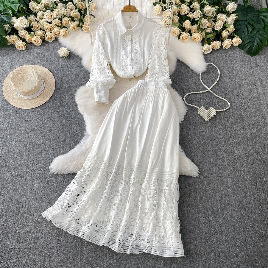 Skirt Sets Women Clothing Temperament Two Piece Set Patchwork Lace Blouses High Waist Hollow Out Long Skirts Suit Summer Outfits