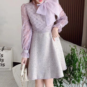 Elegant Long Sleeve Stand Collar Big Bow Tweed A-line Dress High Quality Embroidery