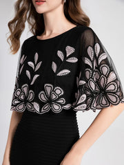 Cape dress with sleeve, flower embroidery, slim mesh, high quality elegant