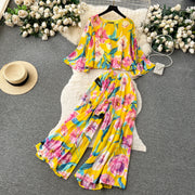 Autumn Women Draped Two Piece Set Bohemian Female Floral Pleated Short Blouse + High Waist Wide Leg Pants Chiffon Suit 2Pcs New