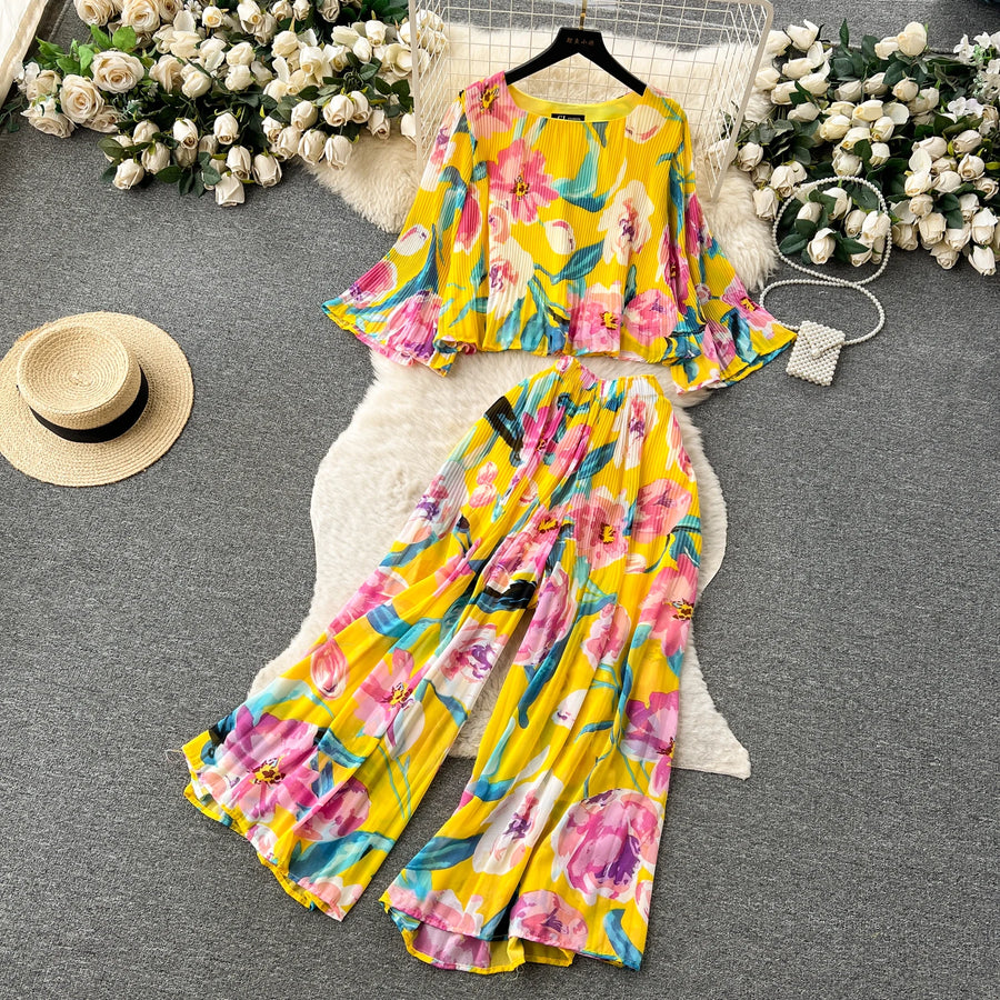 Autumn Women Draped Two Piece Set Bohemian Female Floral Pleated Short Blouse + High Waist Wide Leg Pants Chiffon Suit 2Pcs New