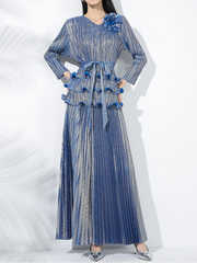 2-piece set of 3D flower pleated niche design lace-up T-shirt + loose elegant wide-leg pants