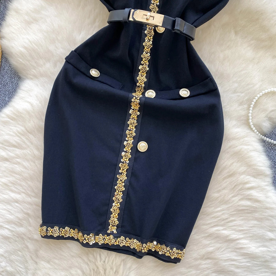 French V-neck, halterneck, backless short dress with fitted belt with high quality beads and sequins