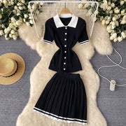2-piece set knitted top and pleated mini skirt with high-quality elastic waistband
