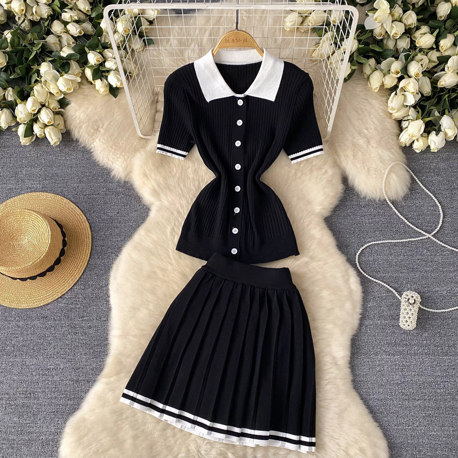 2-piece set knitted top and pleated mini skirt with high-quality elastic waistband