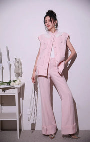 Sweet Pink Lace Collar Women Vest Sets Loose Fit Multi Pocket Sleeveless Jacket Two-Piece Set Full Length Wide Leg Pant Outfits