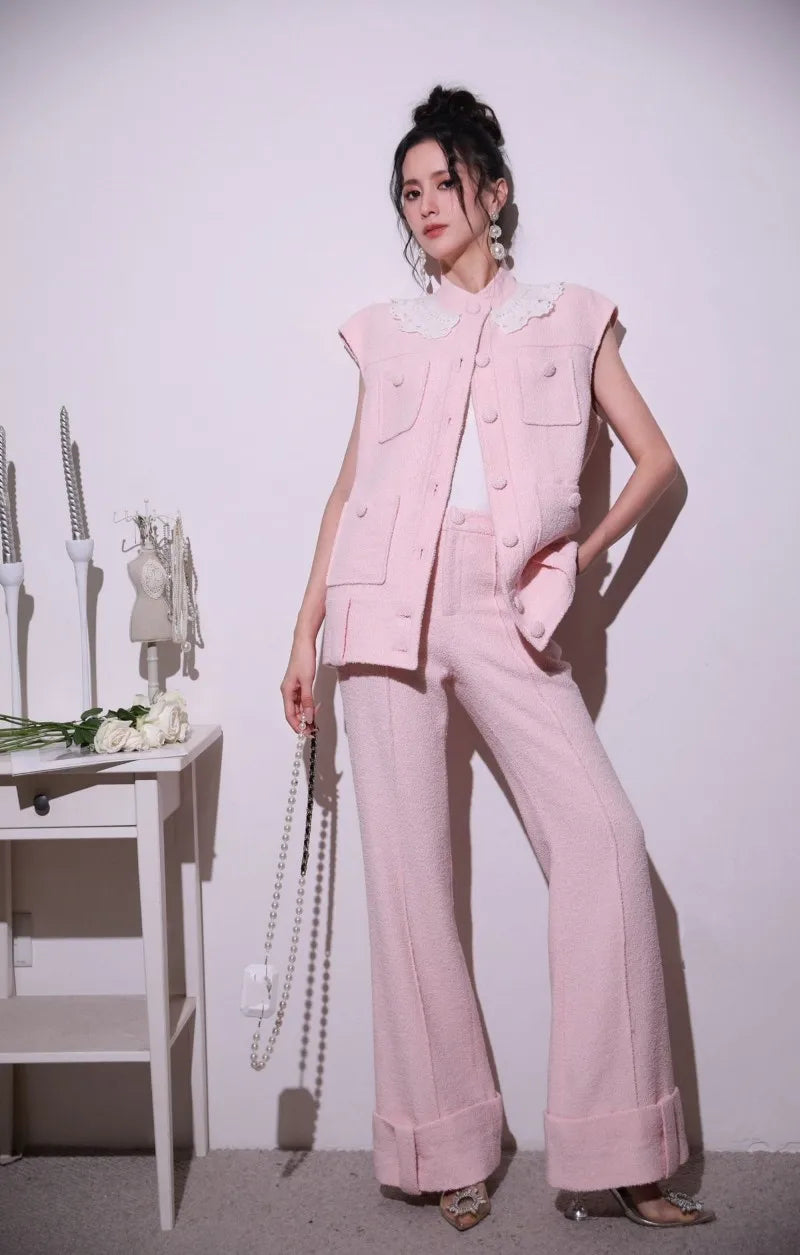 Sweet Pink Lace Collar Women Vest Sets Loose Fit Multi Pocket Sleeveless Jacket Two-Piece Set Full Length Wide Leg Pant Outfits