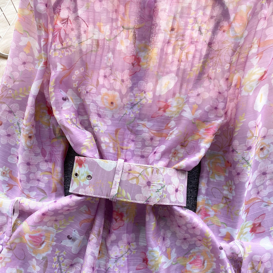 High Quality Belted Lantern Sleeve High Neck Floral Dress