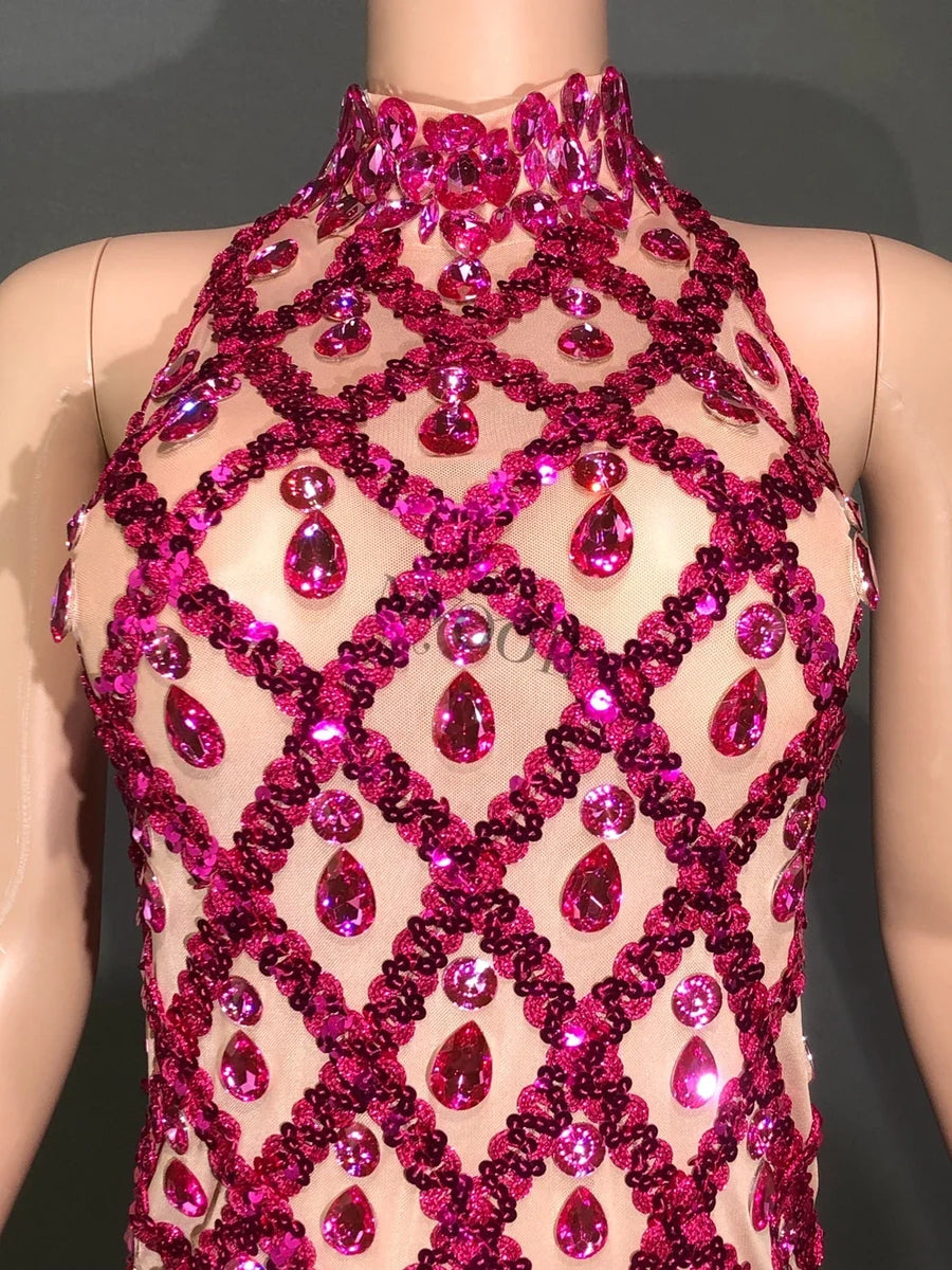 Sheer tight fit short dress with shiny pink sequins and diamonds