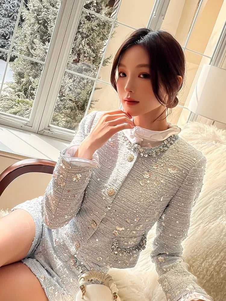 Elegant Women Autumn Shiny Sequined Diamonds Jacket Shorts Two Piece Set Slim Fit Party Outfits Office Ladies Work Matching Sets