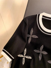Patchwork Short Sleeve Round Neck Beaded Knitted T-shirt