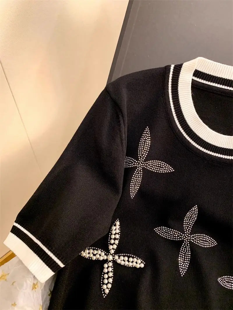 Patchwork Short Sleeve Round Neck Beaded Knitted T-shirt