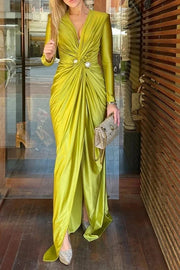 Women's Solid Color Pleated Split Front Tied Waist Bodycon Long Sleeves Deep V Neck Maxi Party Dresses