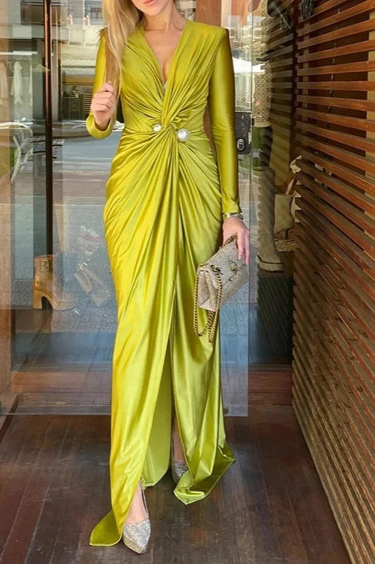 Women's Solid Color Pleated Split Front Tied Waist Bodycon Long Sleeves Deep V Neck Maxi Party Dresses