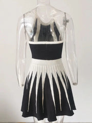 Black White Striped Buttons 3D Pink Pleated Sexy Sleeveless Knitted Mini Dress
