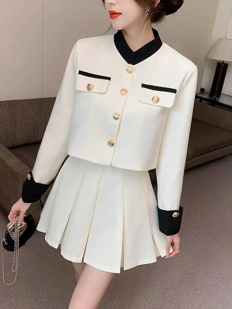 Spring Tweed Fashion Collision Color Crop Jacket Skirts Suit Female Long Sleeved Coat Pleated Skirt Two-piece Set