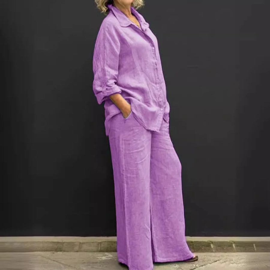 Casual Two Piece Set Cotton Linen Long Sleeve Shirt+Straight Pants