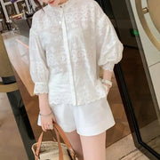 High Quality Round Neck Puff Sleeve Embroidery Single Breasted Cotton Shirt