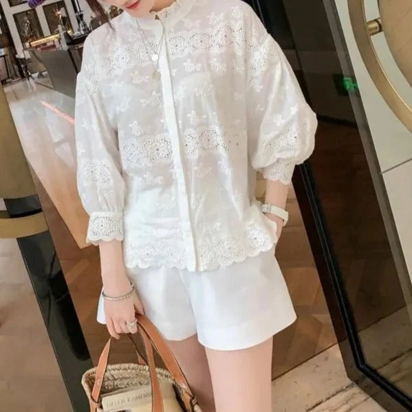 High Quality Round Neck Puff Sleeve Embroidery Single Breasted Cotton Shirt