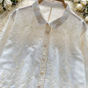 Basic loose long-sleeved polo-neck blouse embroidered with flowers and French-style hook