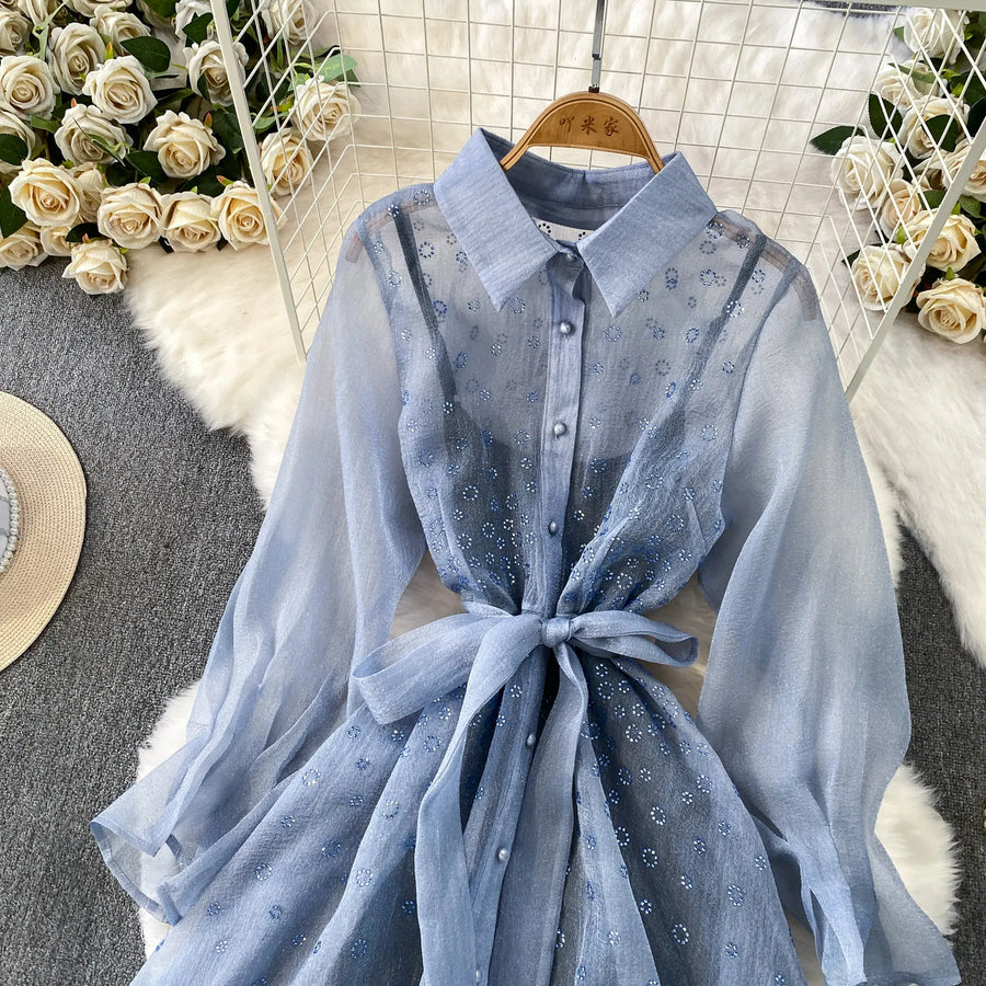 Fashion Temperament Bandage Slim Waist Dress Fairy Gauze Ruffled Long Robe Turn-down Collar Single Breasted Diamonds Vestidos