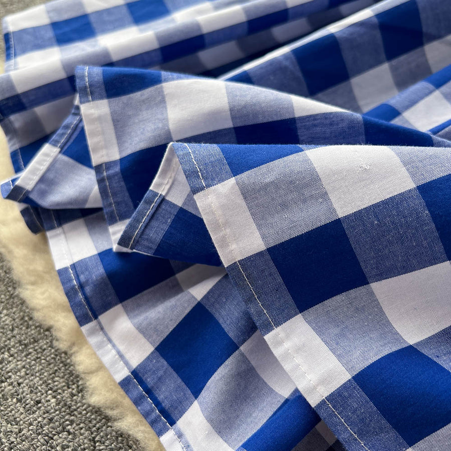 Blue and White Plaid Shirt Dress Short Sleeve Cross Sashes Lace Up Vintage Midi High Quality