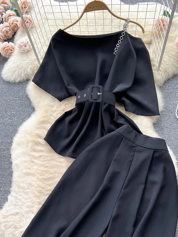 Royal style two-piece set, off-shoulder with high-quality wide-leg pants