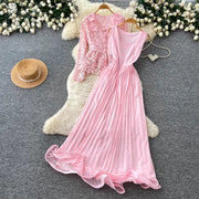 Lace Ruffle Camis Midi Dress Two Pieces Sets V Neck Top  Vintage   Tulle Pleated  Skirt   High Waist A-line Skirt Fall Sets