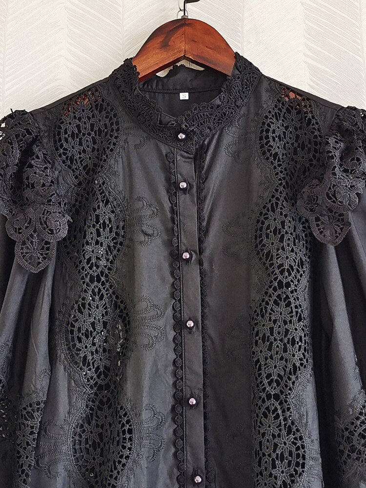 High Quality Vintage Flower Embroidery Lace Ruffled Puff Sleeve White Dress