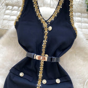 French V-neck, halterneck, backless short dress with fitted belt with high quality beads and sequins