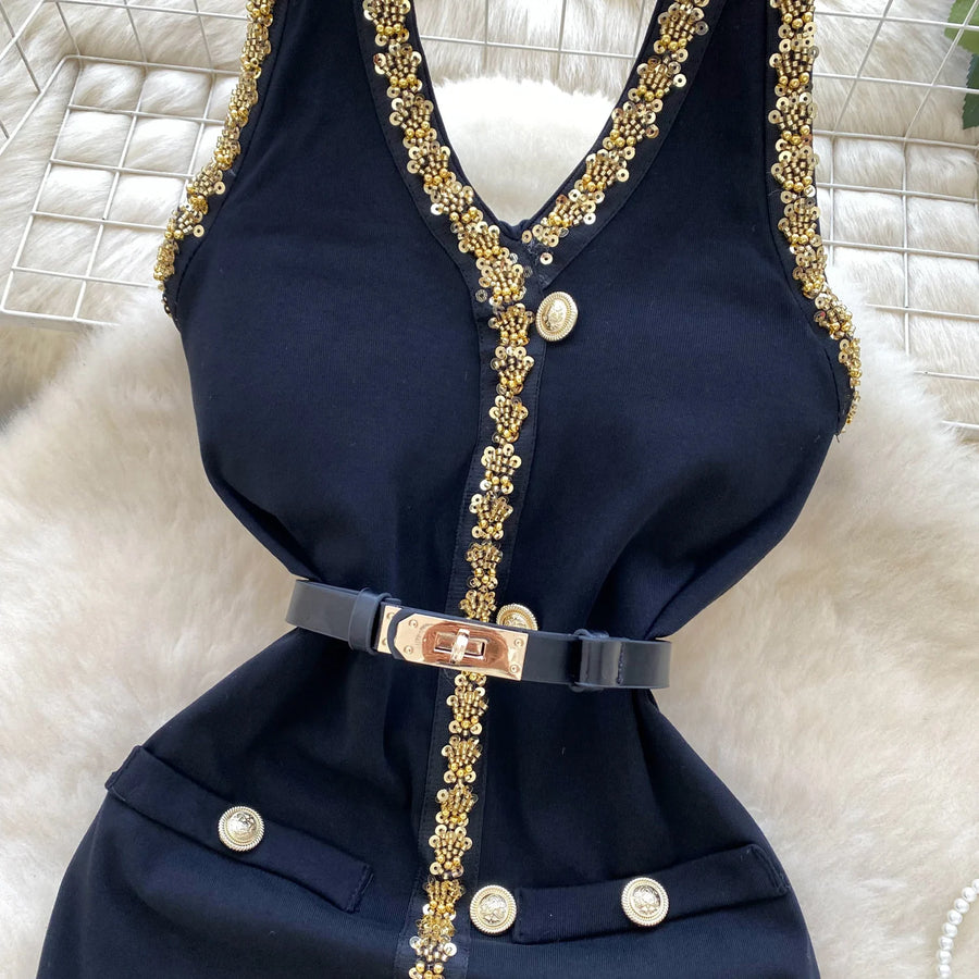 French V-neck, halterneck, backless short dress with fitted belt with high quality beads and sequins