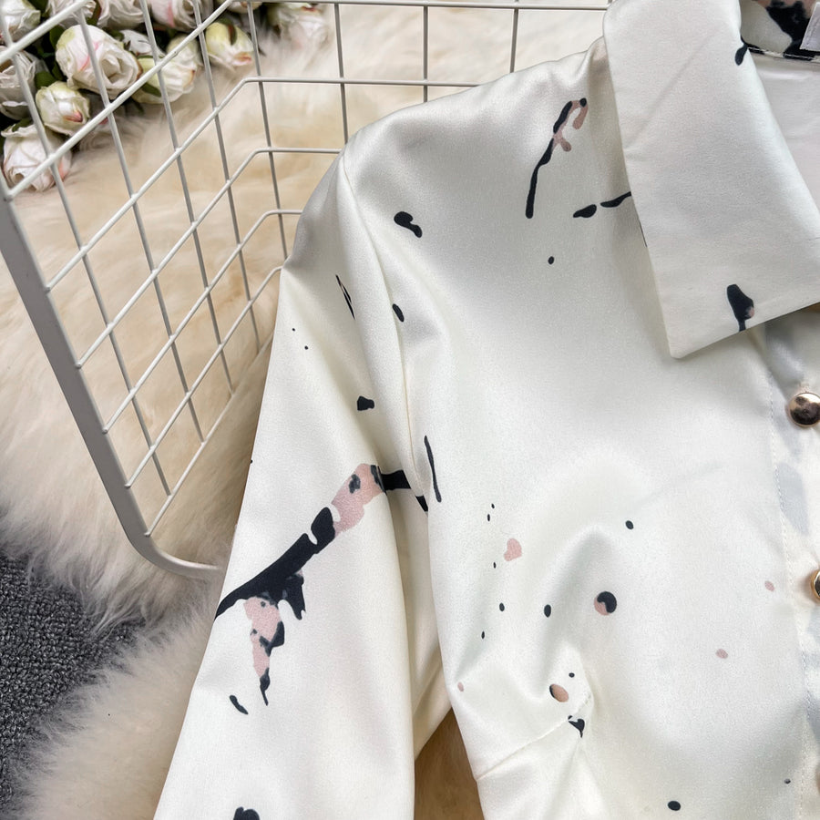 High Quality Satin Ink Print Polo Neck Long Sleeve A-Line Shirt Dress