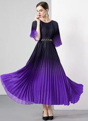 High Quality Vintage Oversized Loose Gradient Belt Lace Up O Neck Pleated Long Dress
