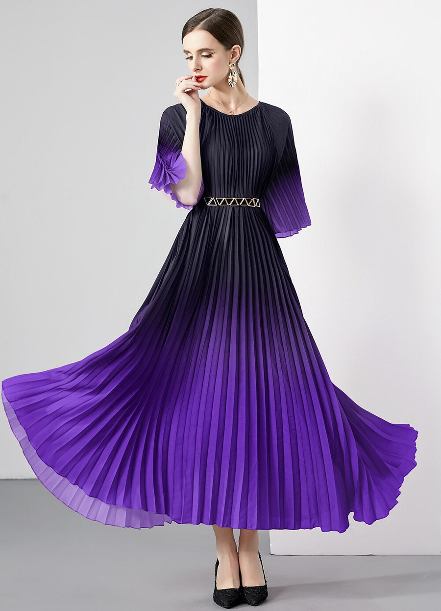 High Quality Vintage Oversized Loose Gradient Belt Lace Up O Neck Pleated Long Dress