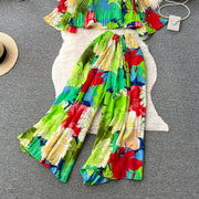 Autumn Women Draped Two Piece Set Bohemian Female Floral Pleated Short Blouse + High Waist Wide Leg Pants Chiffon Suit 2Pcs New