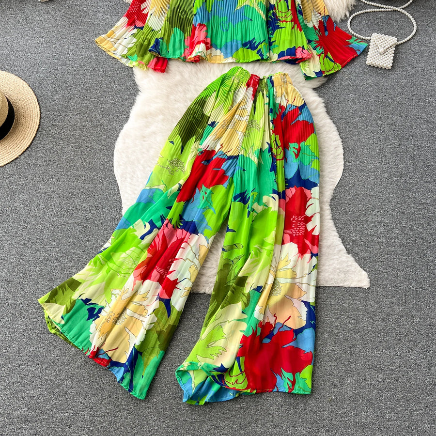 Autumn Women Draped Two Piece Set Bohemian Female Floral Pleated Short Blouse + High Waist Wide Leg Pants Chiffon Suit 2Pcs New