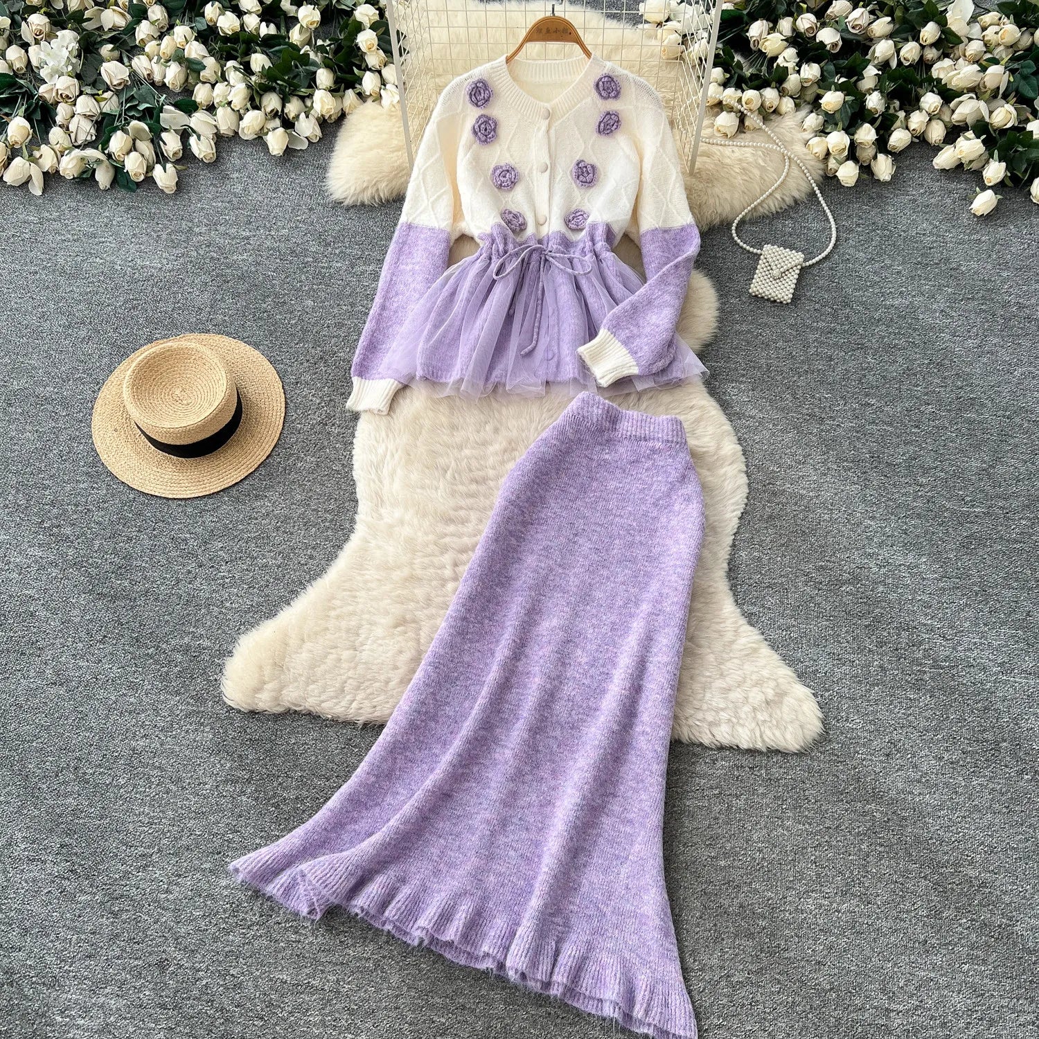 Elegant Knit Patchwork Two Pieces Sets Chic Vintage Cardigan High Waist Mesh Mermaid Skirt Casual Vacation Sets