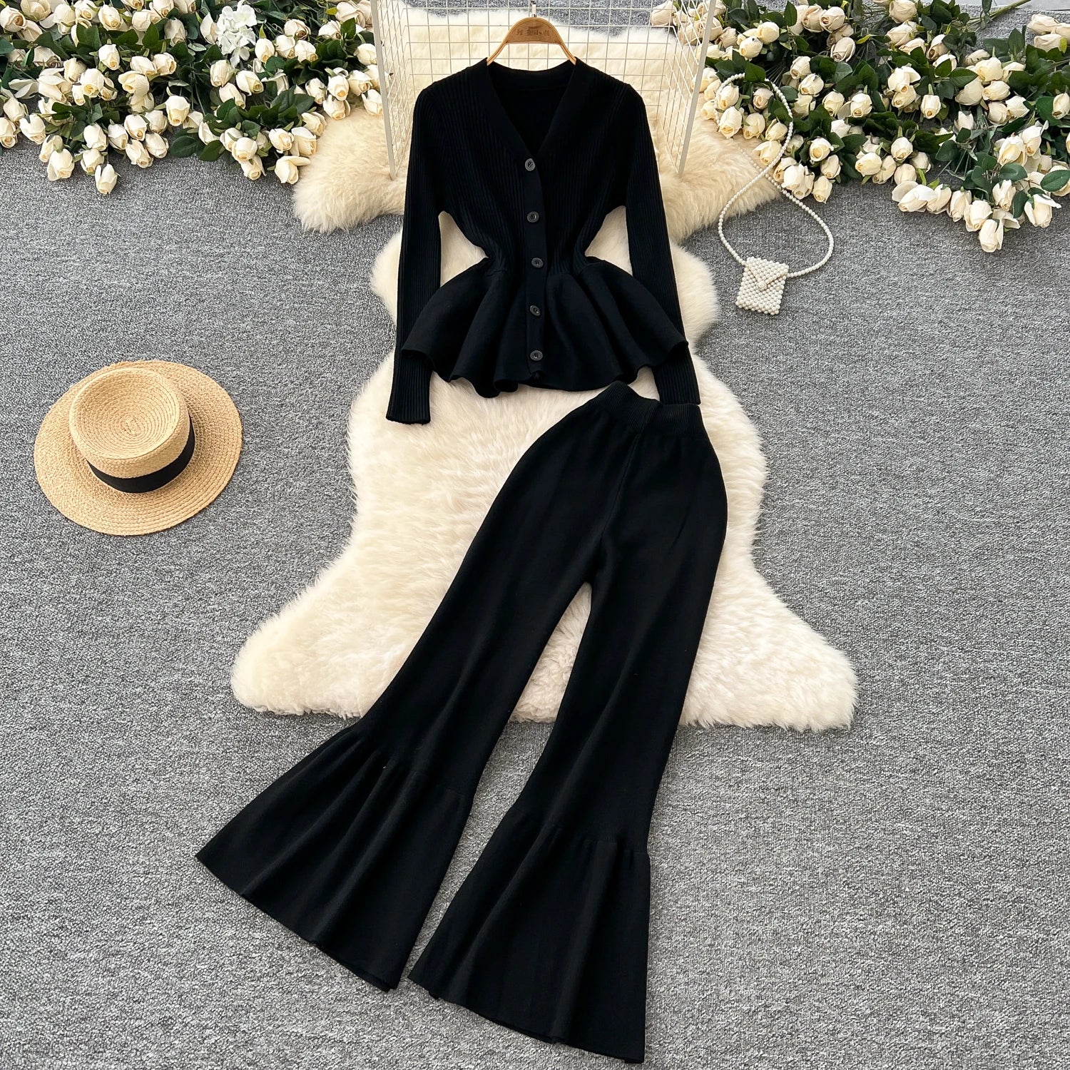 Fashion Luxury Women Sweater Suits Ruffles Slim Knitted Blouse + Elastic Long Flare Pant Two Piece Sets High Quality