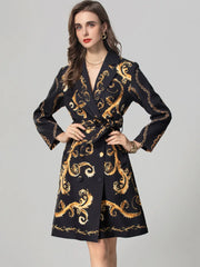 High quality vintage yellow flower print double breasted belt elegant coat.