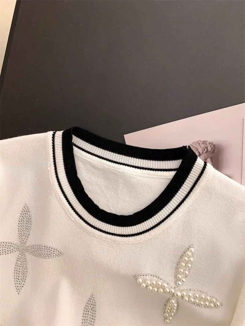Patchwork Short Sleeve Round Neck Beaded Knitted T-shirt