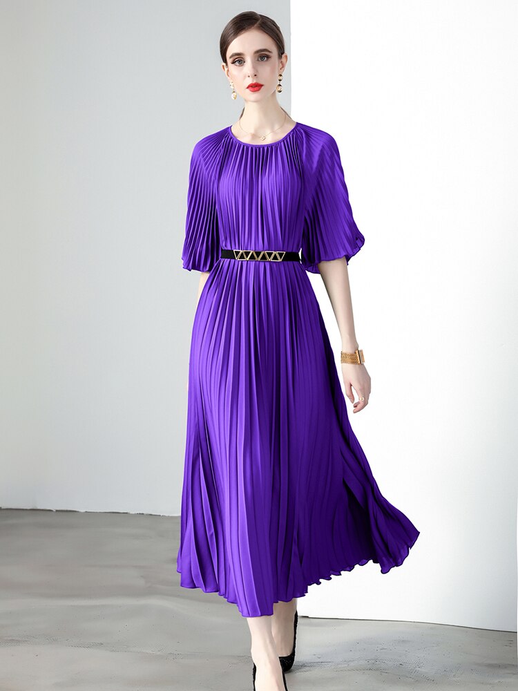 High Quality Printed Round Neck Lace Up Belt Maxi Pleated Long Dress