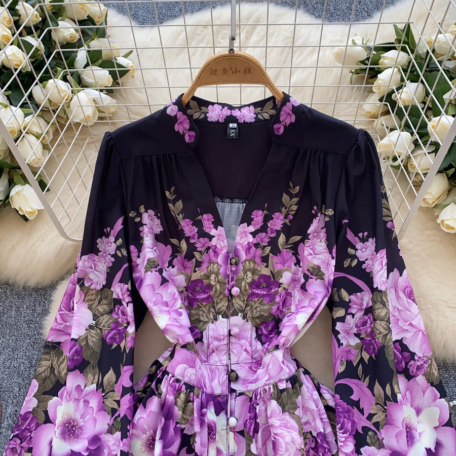 French Print V-neck Puff Sleeve Long Sleeve Single Breasted Dress A-line Casual Women Fashion Autumn Spring Vestidos Clothing