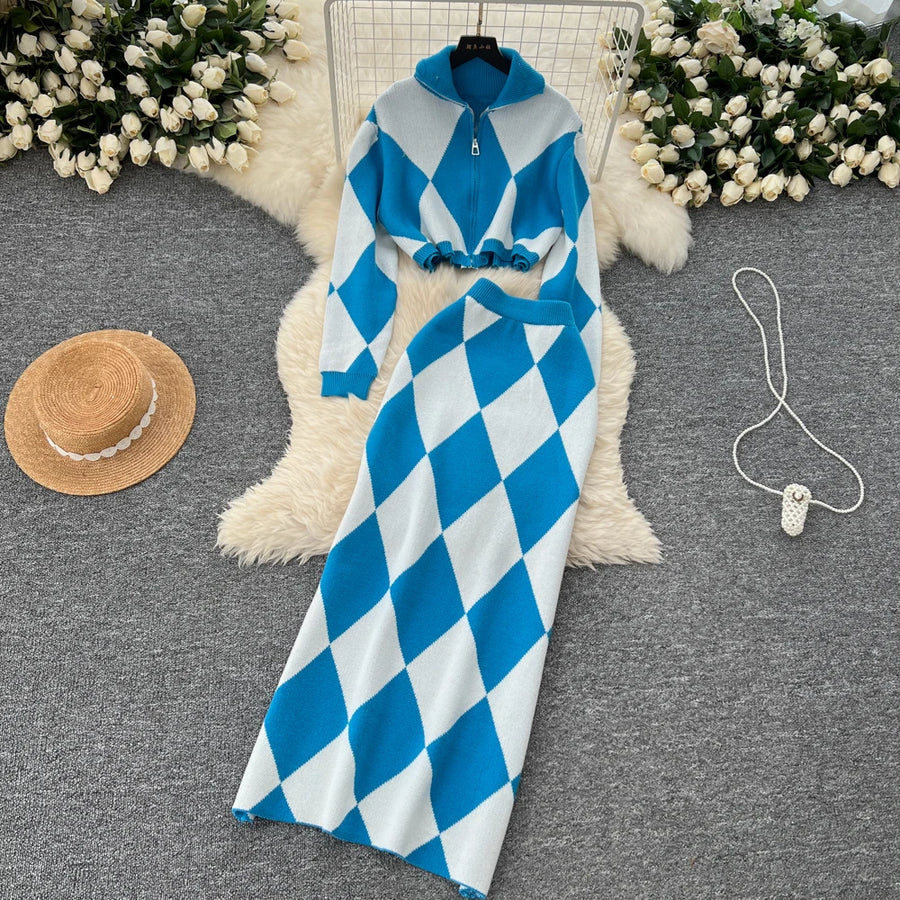 American Fashion Warm Suits Women Lapel Neck Zipper Tops+High Elastic Skinny Skirt Plaid Streetwear Two Pieces Sets