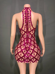 Sheer tight fit short dress with shiny pink sequins and diamonds