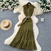 Ribbed Knit Dress Sleeveless Lapel Belt French Ins Chic Spring Summer Celebrity Style Feminine A-line Long Dress