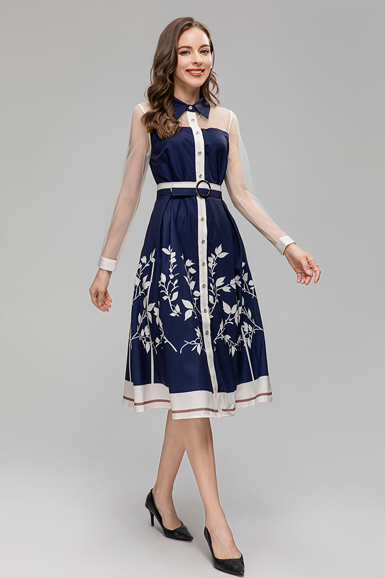 High Quality Turn-down Collar Perspective Long Sleeve Button Slit Midi Vintage Print Dress