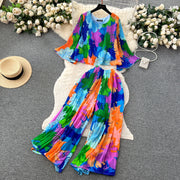 Autumn Women Draped Two Piece Set Bohemian Female Floral Pleated Short Blouse + High Waist Wide Leg Pants Chiffon Suit 2Pcs New